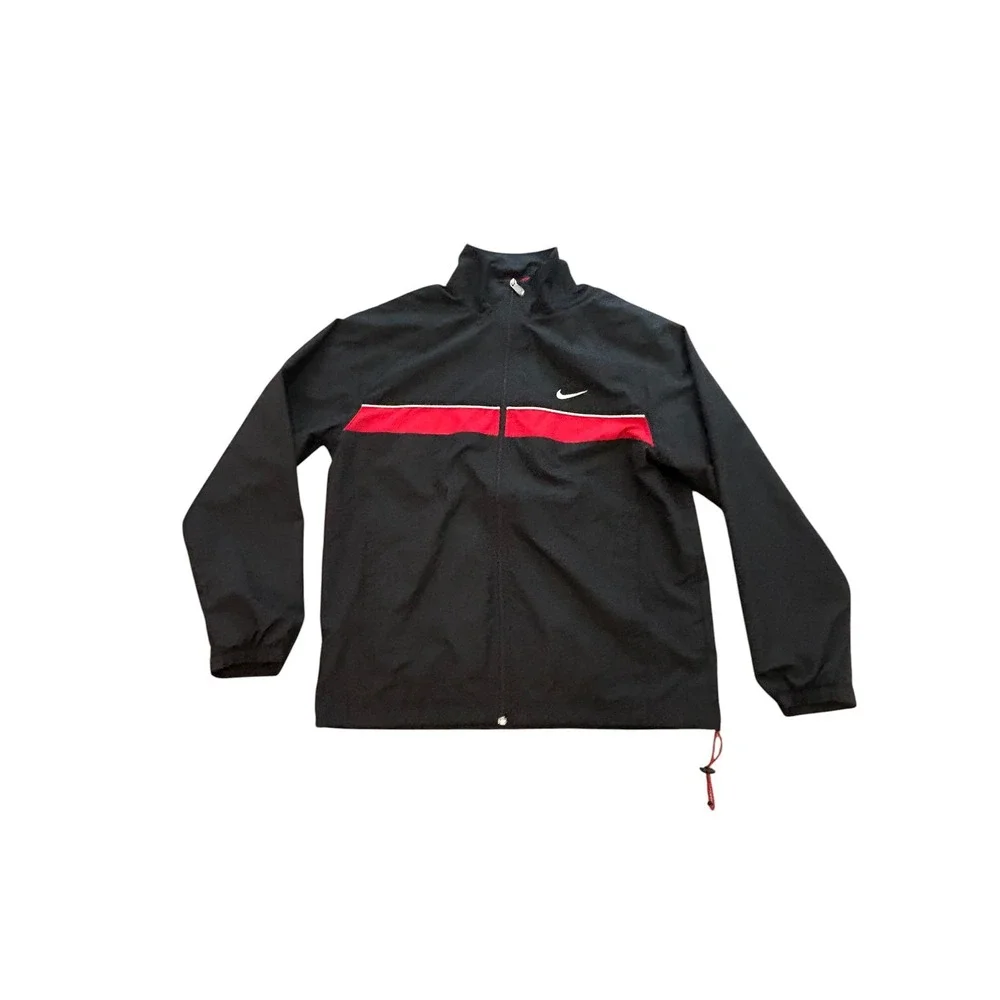 Nike Mens Windbreaker Jacket Black Red Stripe Full Zip Mesh Lined XL